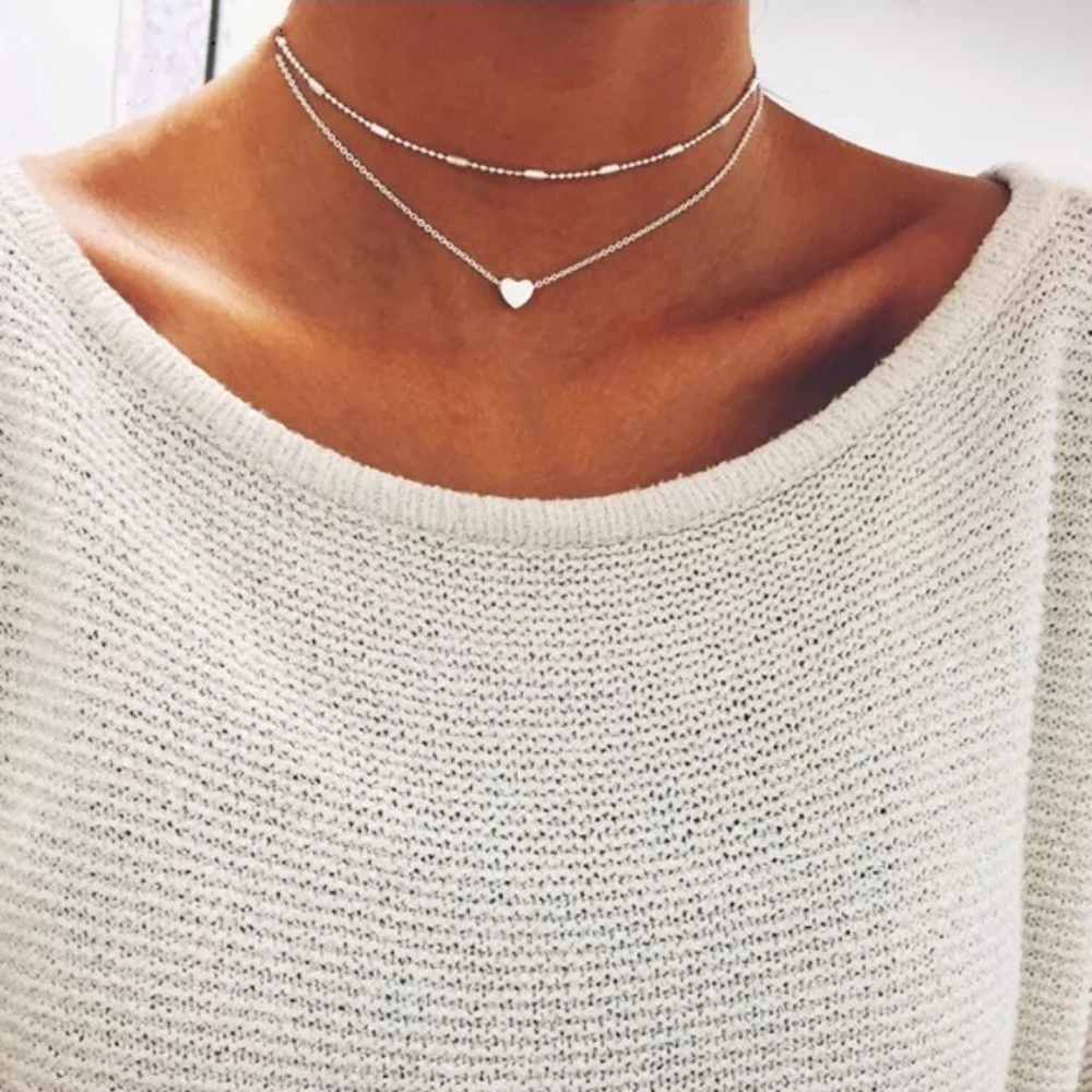 2 Necklace Set Choker Heart‎ Pendant Silver